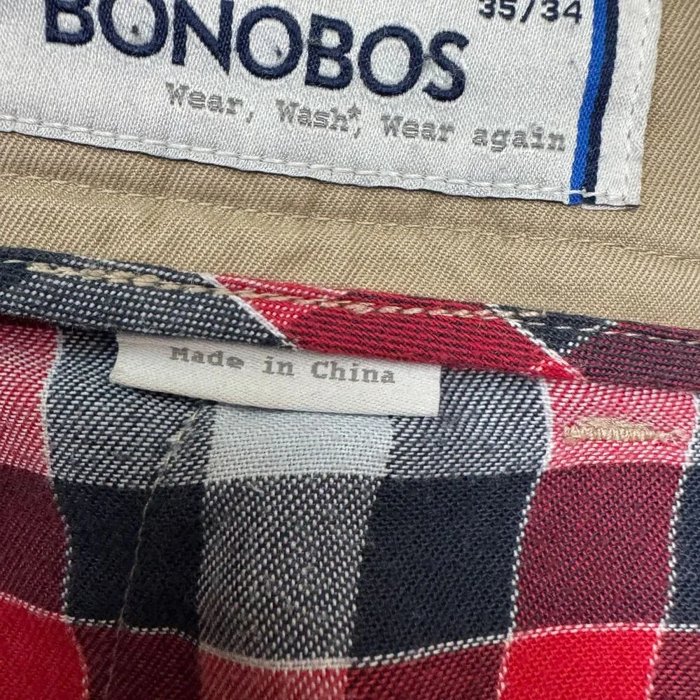 Bonobos Straight Leg Cotton Chino Pants Mens 35x34 Brown Khaki Flat Front Casual